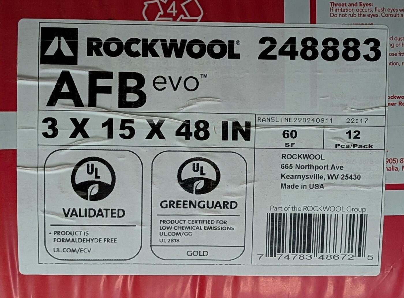 ROCKWOOL AFB evo product label showing formaldehyde-free and GREENGUARD Gold certifications