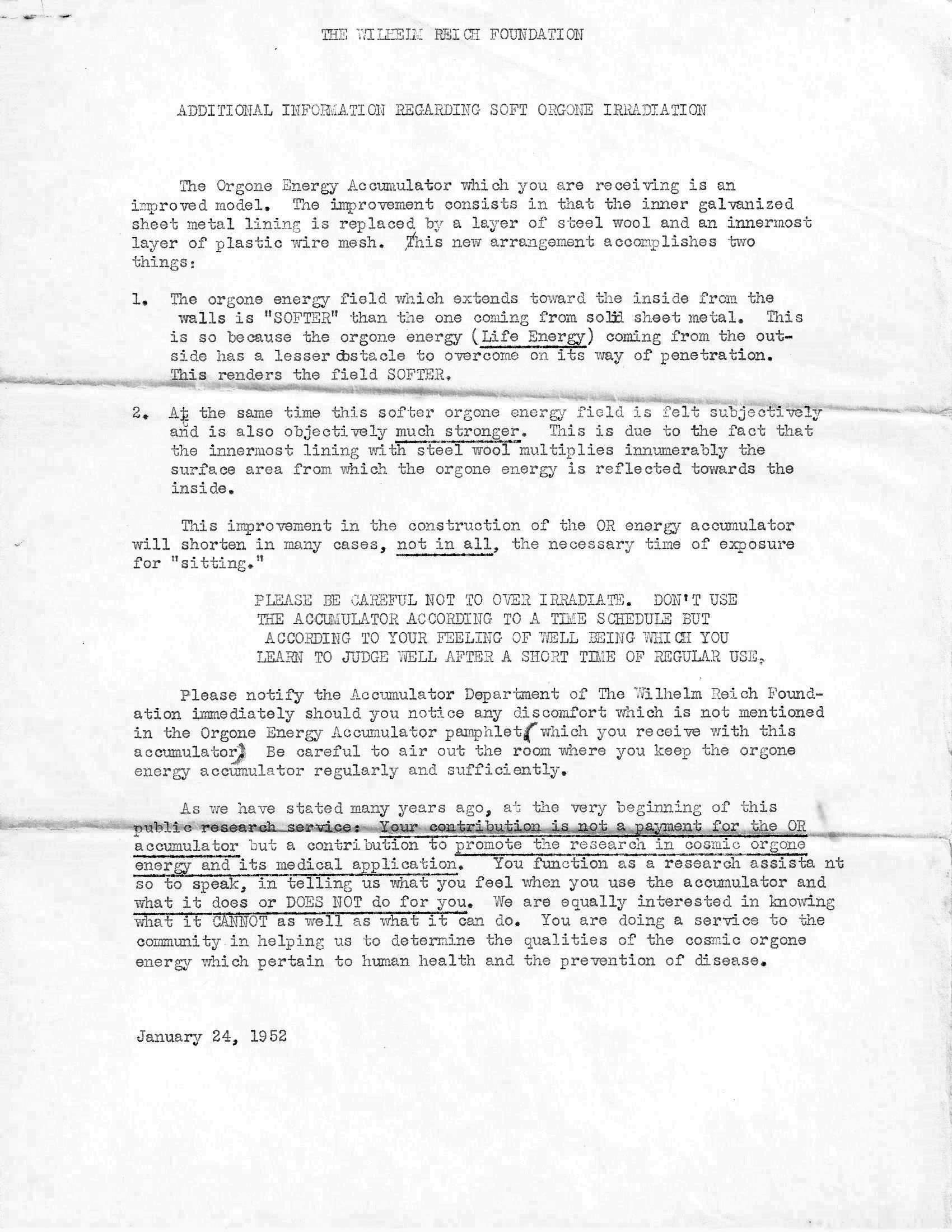 1952 Wilhelm Reich Foundation document describing soft orgone irradiation and the improved steel wool and wire mesh design