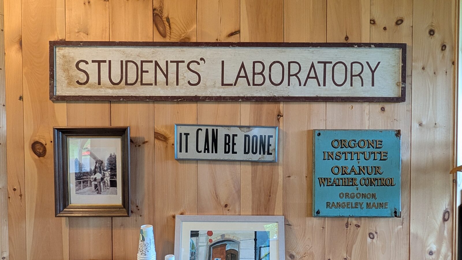 Historic signs at Orgonon: Students' Laboratory, It Can Be Done, and Orgone Institute Oranur Weather Control
